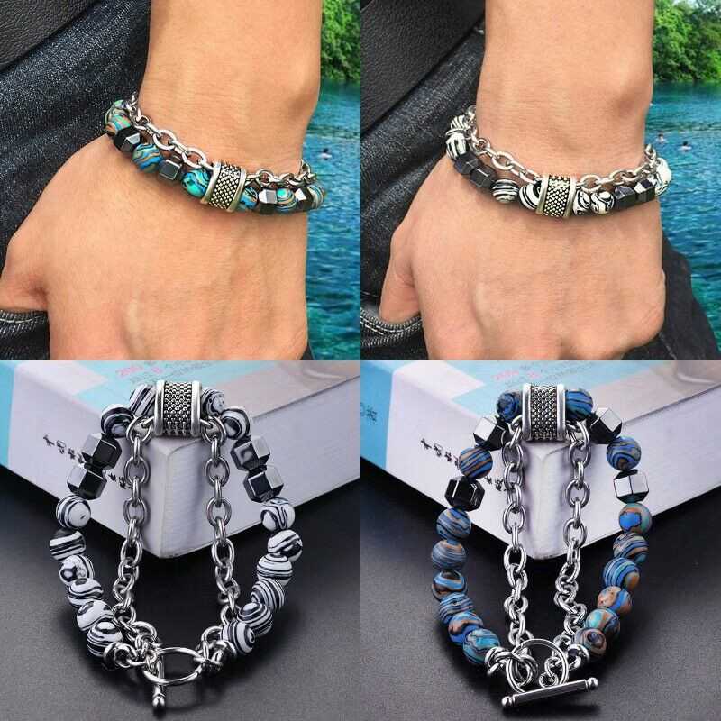 Stress Relief Tigers Eye Obsidians Mens Bracelets 8mm Beads With Chain Jewelry