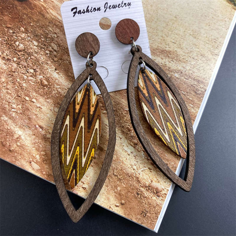 Earrings Bohemian Eardrop Jewelry Wooden Leaves Geometric Vintage Earrings - 图片 3
