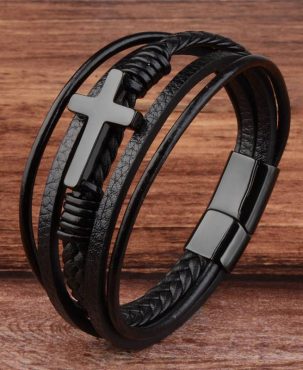 Classic Design Cross Bracelets Men Genuine Leather Stainless Steel Magnet Clasp Charms Hand Bracelet Homme Men's Christmas Gifts