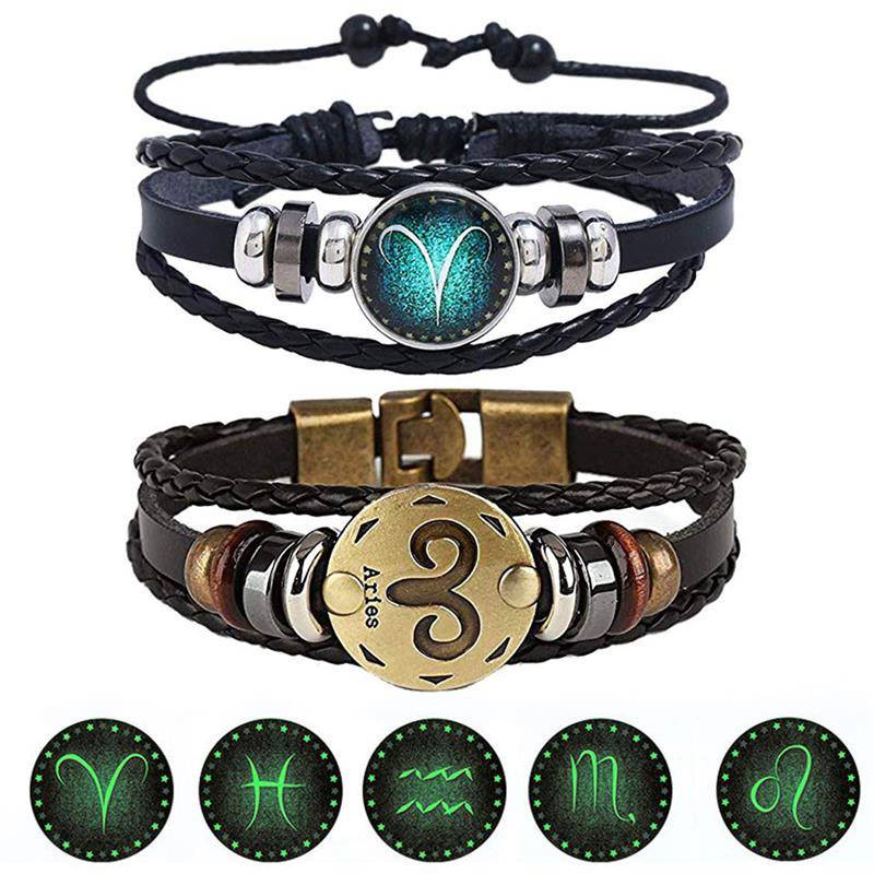 2pcs/set 12 Constellation Bracelets Luminous Charm Leather Bracelet Zodiac Horoscope Braided Bangle Men Women Jewelry Wrist Gift - 图片 4
