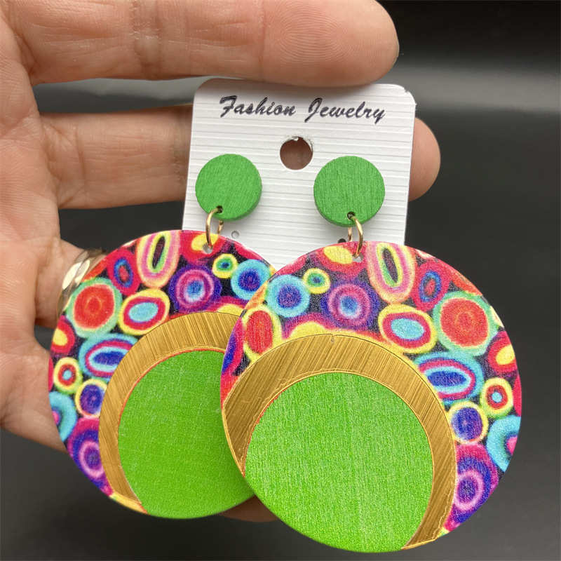 Wooden Printing round Color Large Earrings Ornament Earrings Bohemian Earrings - 图片 7