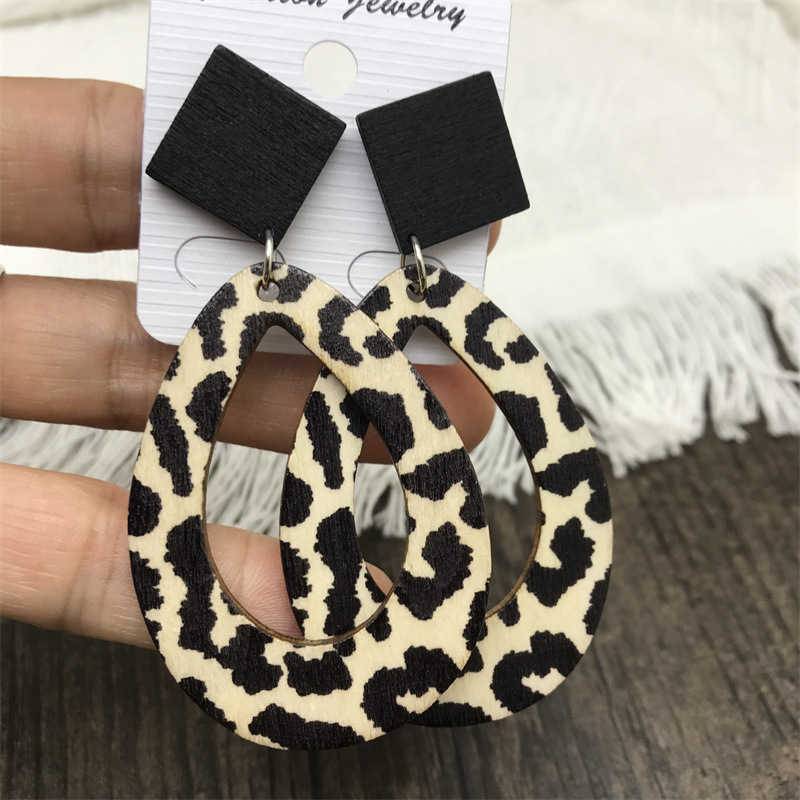 Leopard Zebra Pattern Raindrops Dangle Earrings Wooden Vintage Bohemian Style Earrings - 图片 9