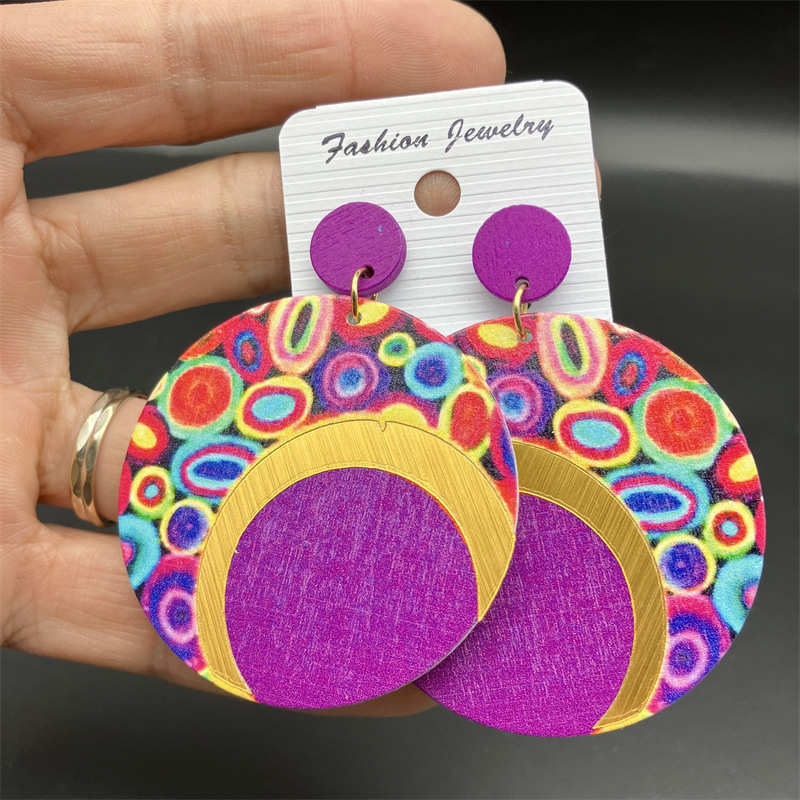 Wooden Printing round Color Large Earrings Ornament Earrings Bohemian Earrings - 图片 8