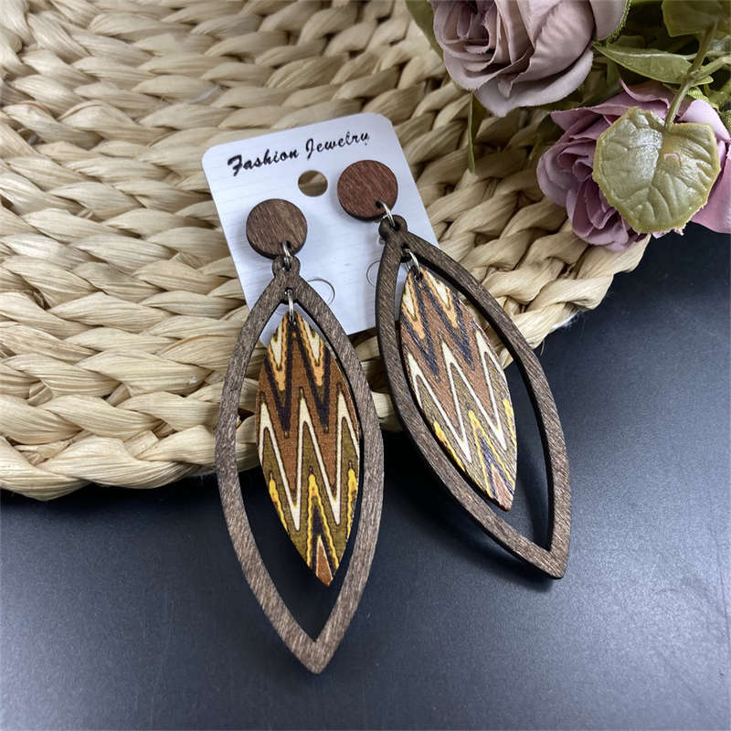 Earrings Bohemian Eardrop Jewelry Wooden Leaves Geometric Vintage Earrings - 图片 9