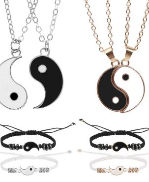 Tai Chi Yin Yang Couple Bracelets Alloy Pendant Adjustable Braid Chain Bracelet Necklace Matching Lover Bracelets Necklaces