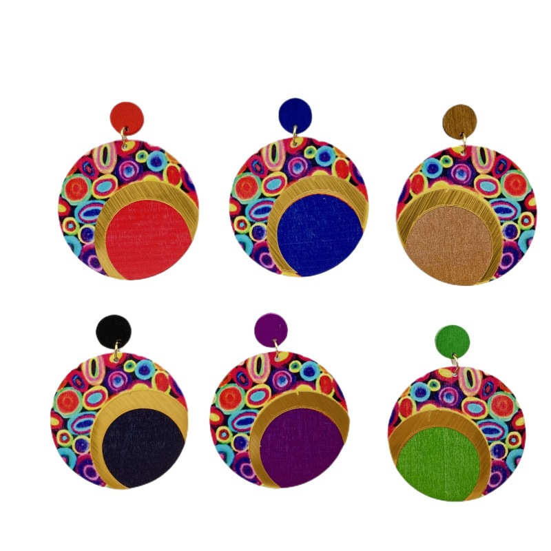 Wooden Printing round Color Large Earrings Ornament Earrings Bohemian Earrings