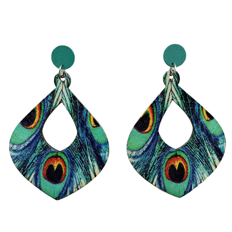 Bohemian Retro Ethnic Style Peacock Feather Long Earrings Wooden Earrings - 图片 10