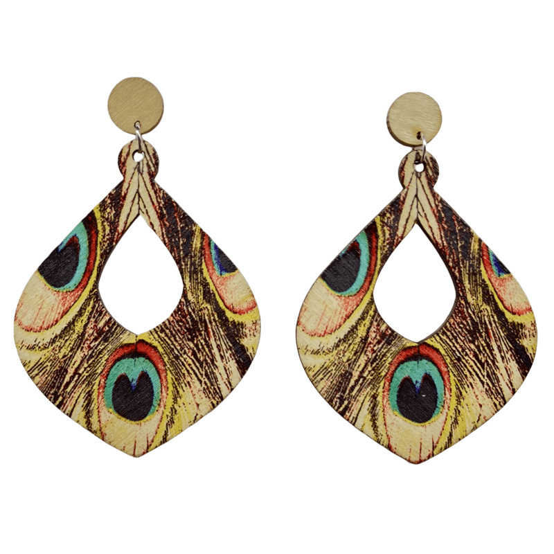 Bohemian Retro Ethnic Style Peacock Feather Long Earrings Wooden Earrings - 图片 11