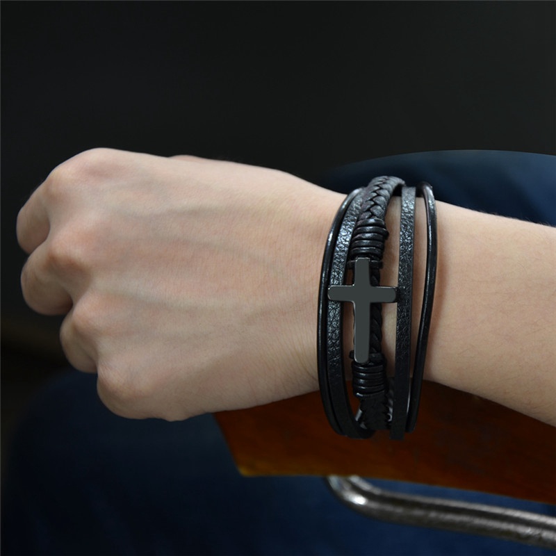 Classic Design Cross Bracelets Men Genuine Leather Stainless Steel Magnet Clasp Charms Hand Bracelet Homme Men's Christmas Gifts - Image 4