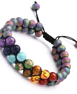 7 Chakra Beads Lava Rock Bracelet 8mm Double Layer Row Adjustable Unisex Yoga Stone Energy Healing Stone Bracelets Xmas Gift