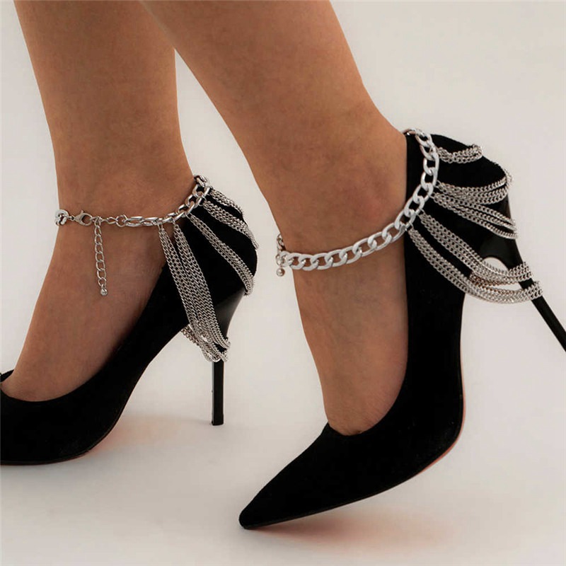 Multi Layered Link Chain Tassel Bracelets Anklets for Women Punk Gold Color Anklets On Foot Barefoot Sandals Jewelry - 图片 6
