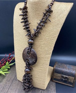 Jewelry Necklace Brown Wooden Jewelry Vintage Long Necklace Cotton and Linen Necklace