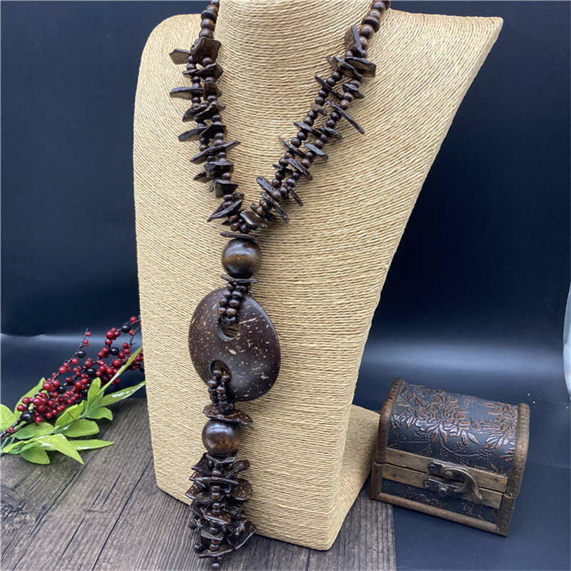 Jewelry Necklace Brown Wooden Jewelry Vintage Long Necklace Cotton and Linen Necklace