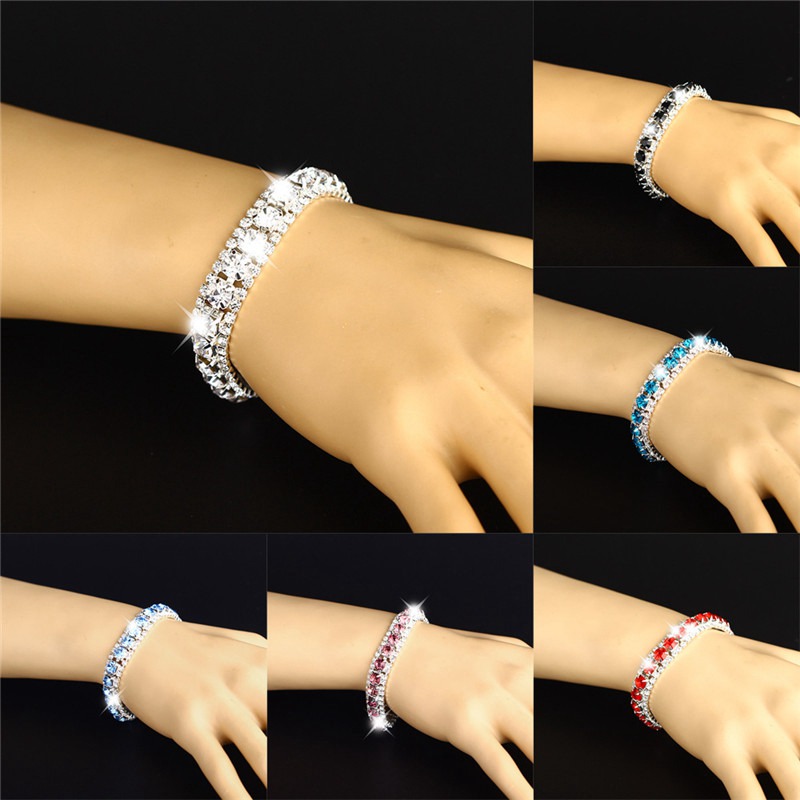Rhinestones Bracelets Bangle 3 Rows Diamante Bling Crystal Women Fashion Gift