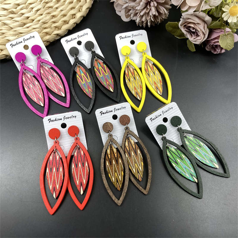 Earrings Bohemian Eardrop Jewelry Wooden Leaves Geometric Vintage Earrings