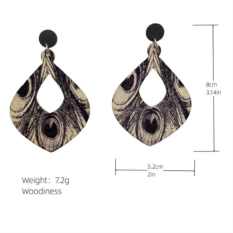 Bohemian Retro Ethnic Style Peacock Feather Long Earrings Wooden Earrings - 图片 3