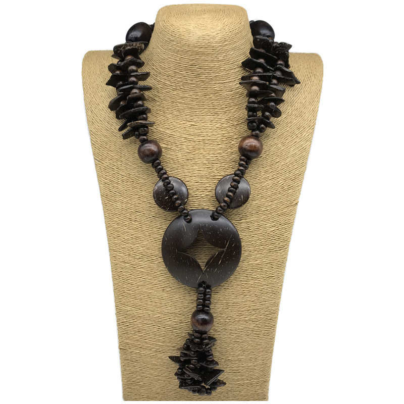 Jewelry Necklace Brown Wooden Jewelry Vintage Long Necklace Cotton and Linen Necklace - Image 3