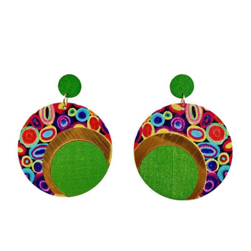 Wooden Printing round Color Large Earrings Ornament Earrings Bohemian Earrings - 图片 11