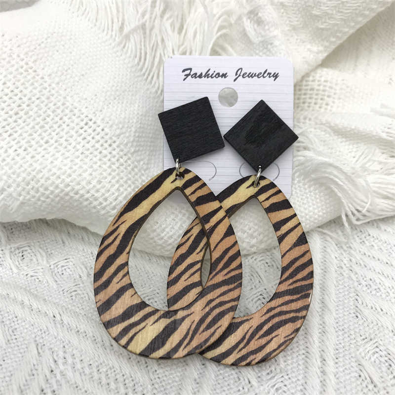 Leopard Zebra Pattern Raindrops Dangle Earrings Wooden Vintage Bohemian Style Earrings - 图片 11