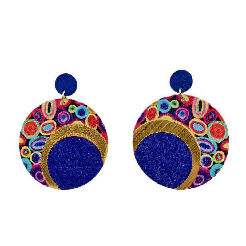 Wooden Printing round Color Large Earrings Ornament Earrings Bohemian Earrings - 图片 12