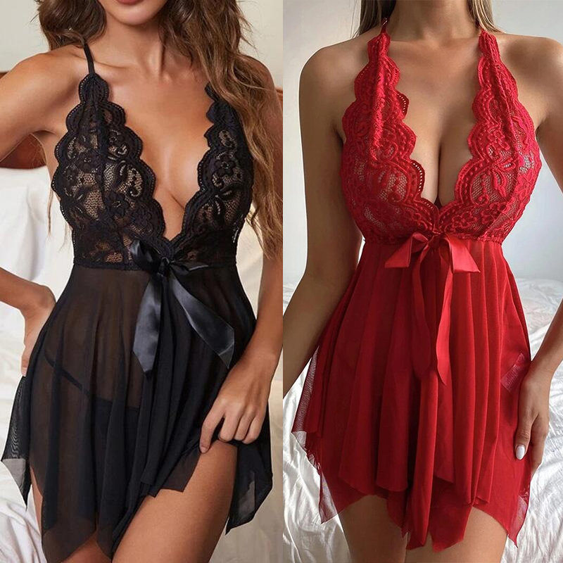 Sexy Lingerie Sexy Lace See-through Suspender Skirt Bow Seduction Nightdress