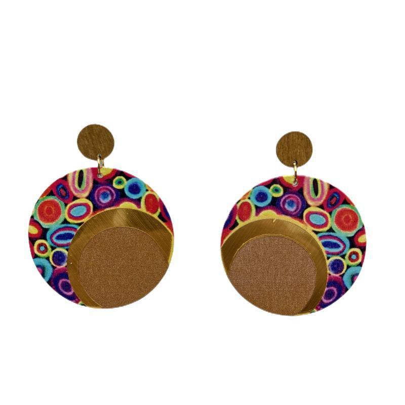 Wooden Printing round Color Large Earrings Ornament Earrings Bohemian Earrings - 图片 13