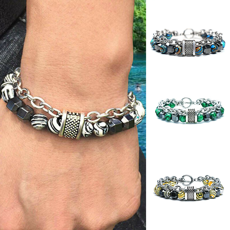 Stress Relief Tigers Eye Obsidians Mens Bracelets 8mm Beads With Chain Jewelry - 图片 12