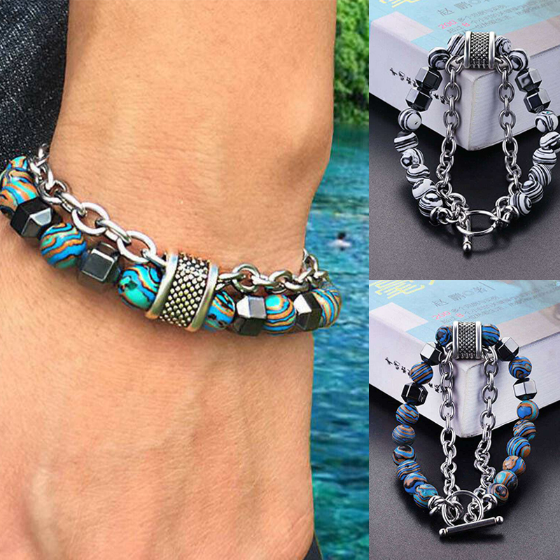 Stress Relief Tigers Eye Obsidians Mens Bracelets 8mm Beads With Chain Jewelry - 图片 11