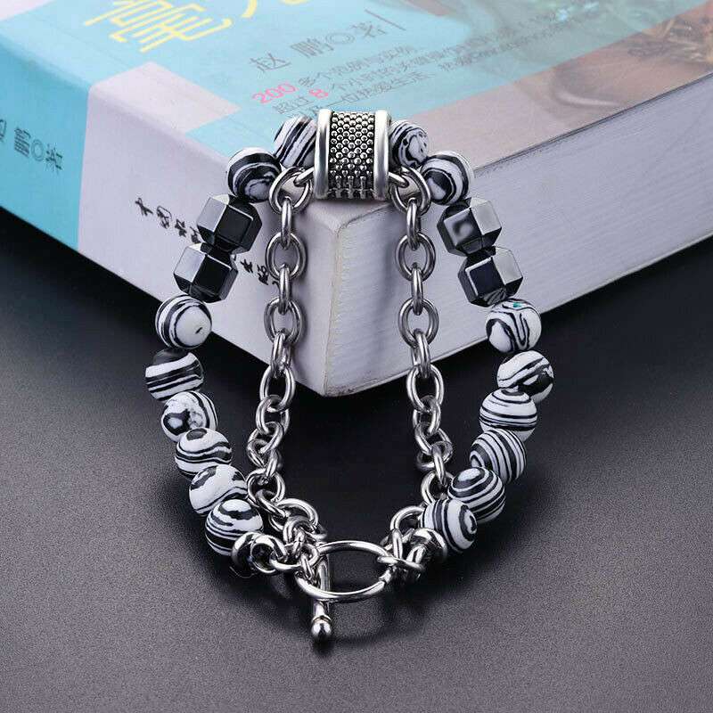 Stress Relief Tigers Eye Obsidians Mens Bracelets 8mm Beads With Chain Jewelry - 图片 9