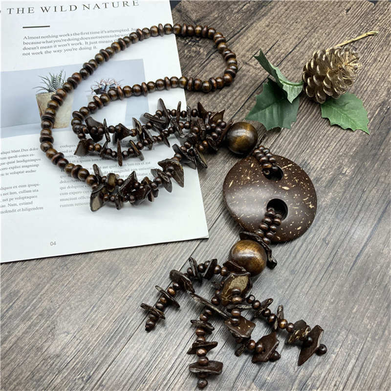 Jewelry Necklace Brown Wooden Jewelry Vintage Long Necklace Cotton and Linen Necklace - Image 6