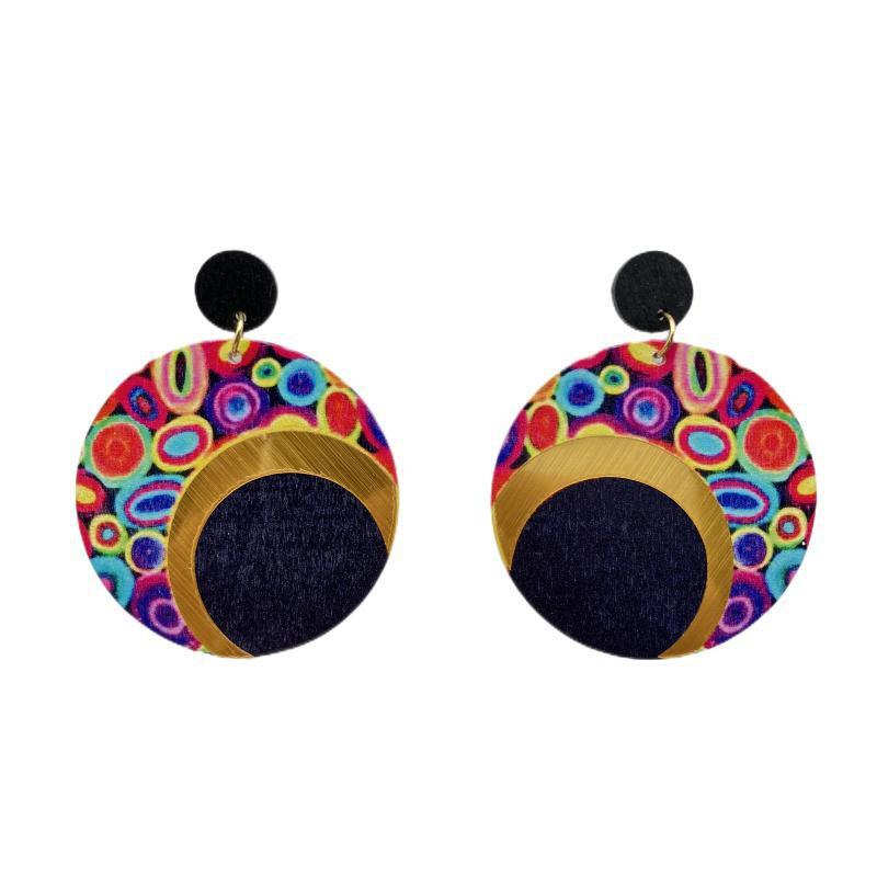 Wooden Printing round Color Large Earrings Ornament Earrings Bohemian Earrings - 图片 14