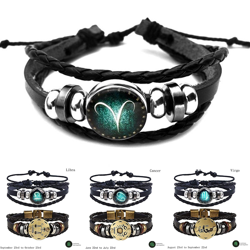 2pcs/set 12 Constellation Bracelets Luminous Charm Leather Bracelet Zodiac Horoscope Braided Bangle Men Women Jewelry Wrist Gift - 图片 30