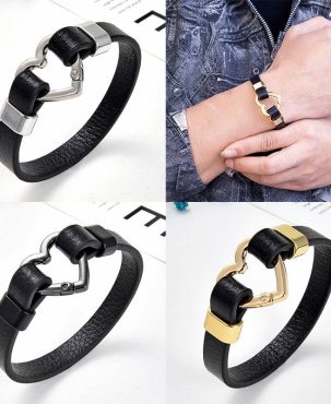 2024 Trendy Heart Shape Spring Clasp Women Bracelet Gold Metal Black Leather Bracelets Girl Fashion Jewelry Wholesale