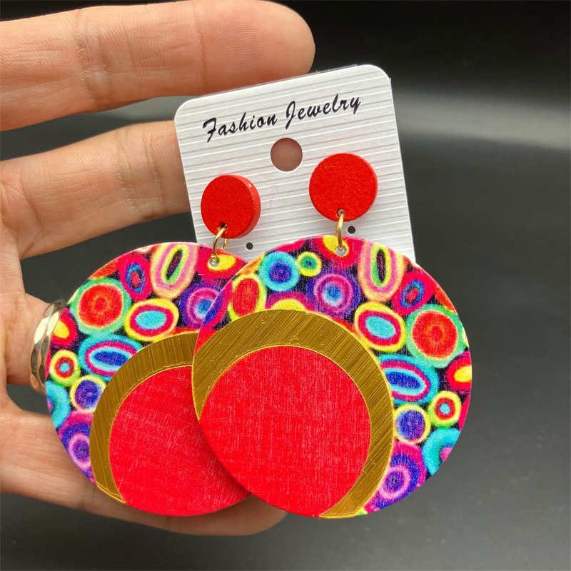 Wooden Printing round Color Large Earrings Ornament Earrings Bohemian Earrings - 图片 6