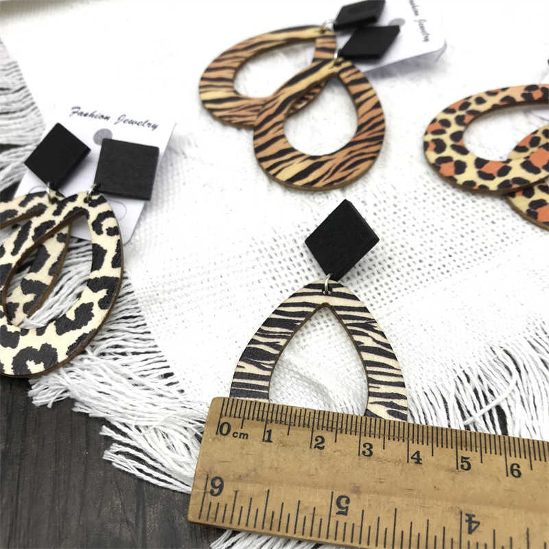 Leopard Zebra Pattern Raindrops Dangle Earrings Wooden Vintage Bohemian Style Earrings - 图片 4