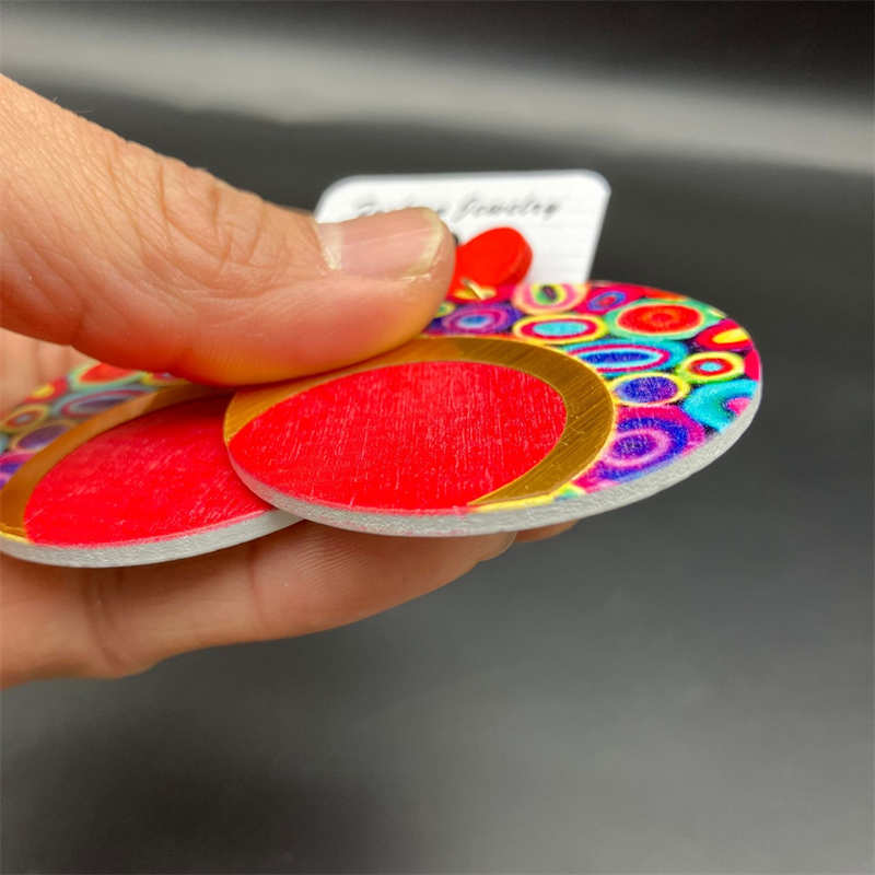 Wooden Printing round Color Large Earrings Ornament Earrings Bohemian Earrings - 图片 5