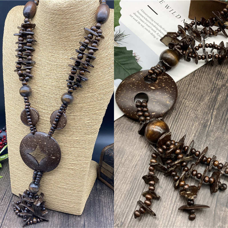 Jewelry Necklace Brown Wooden Jewelry Vintage Long Necklace Cotton and Linen Necklace - Image 7