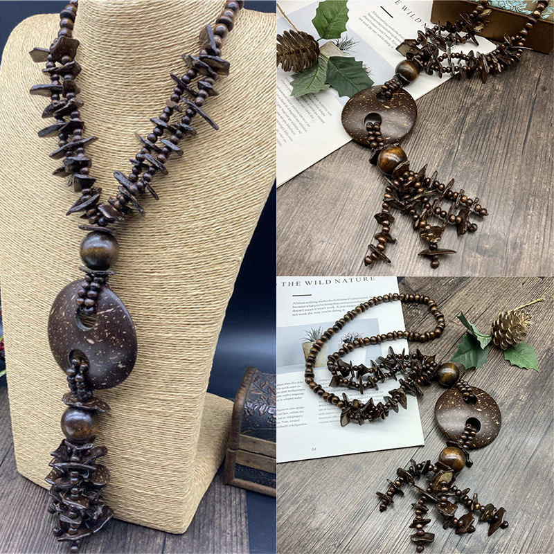 Jewelry Necklace Brown Wooden Jewelry Vintage Long Necklace Cotton and Linen Necklace - Image 9