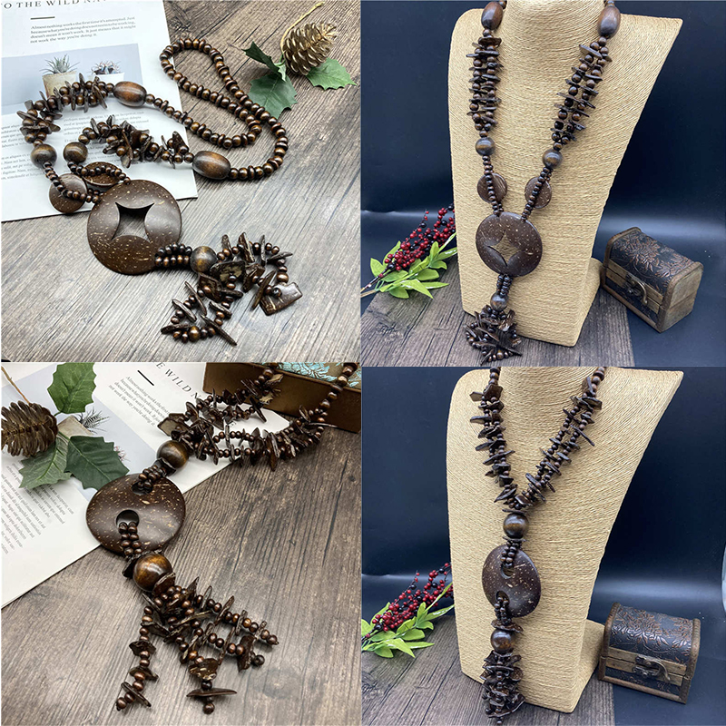 Jewelry Necklace Brown Wooden Jewelry Vintage Long Necklace Cotton and Linen Necklace - Image 8