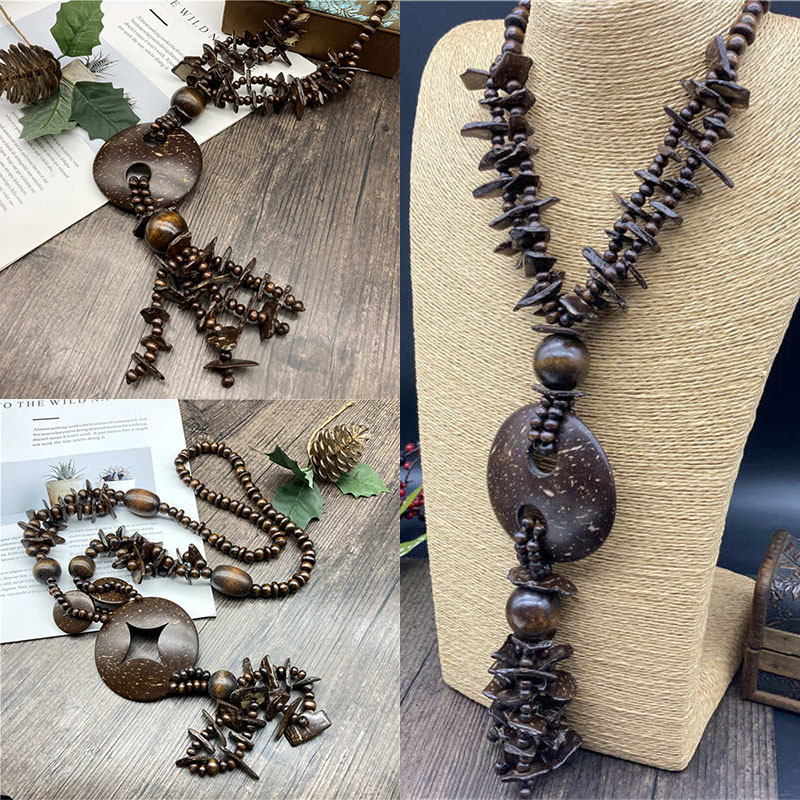 Jewelry Necklace Brown Wooden Jewelry Vintage Long Necklace Cotton and Linen Necklace - Image 12