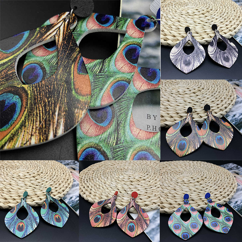 Bohemian Retro Ethnic Style Peacock Feather Long Earrings Wooden Earrings - 图片 18