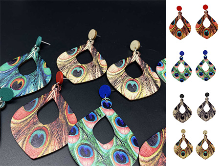 Bohemian Retro Ethnic Style Peacock Feather Long Earrings Wooden Earrings - 图片 20