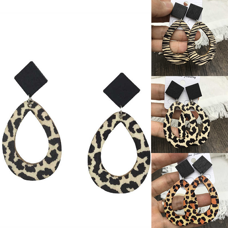 Leopard Zebra Pattern Raindrops Dangle Earrings Wooden Vintage Bohemian Style Earrings - 图片 14