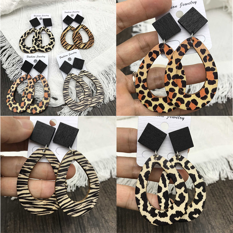 Leopard Zebra Pattern Raindrops Dangle Earrings Wooden Vintage Bohemian Style Earrings - 图片 16