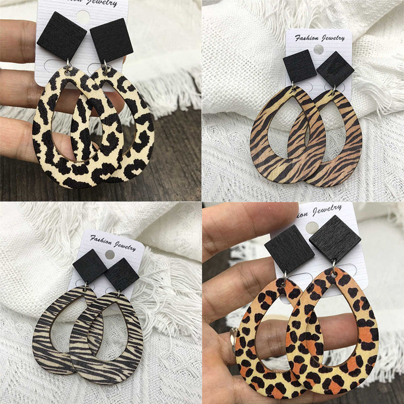 Leopard Zebra Pattern Raindrops Dangle Earrings Wooden Vintage Bohemian Style Earrings - 图片 13