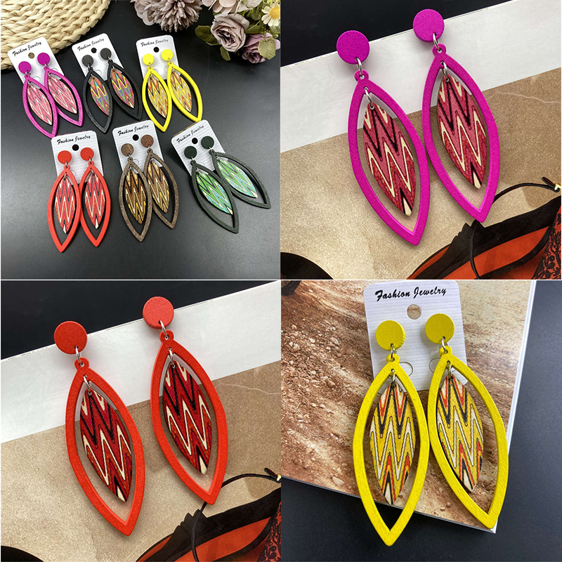 Earrings Bohemian Eardrop Jewelry Wooden Leaves Geometric Vintage Earrings - 图片 20