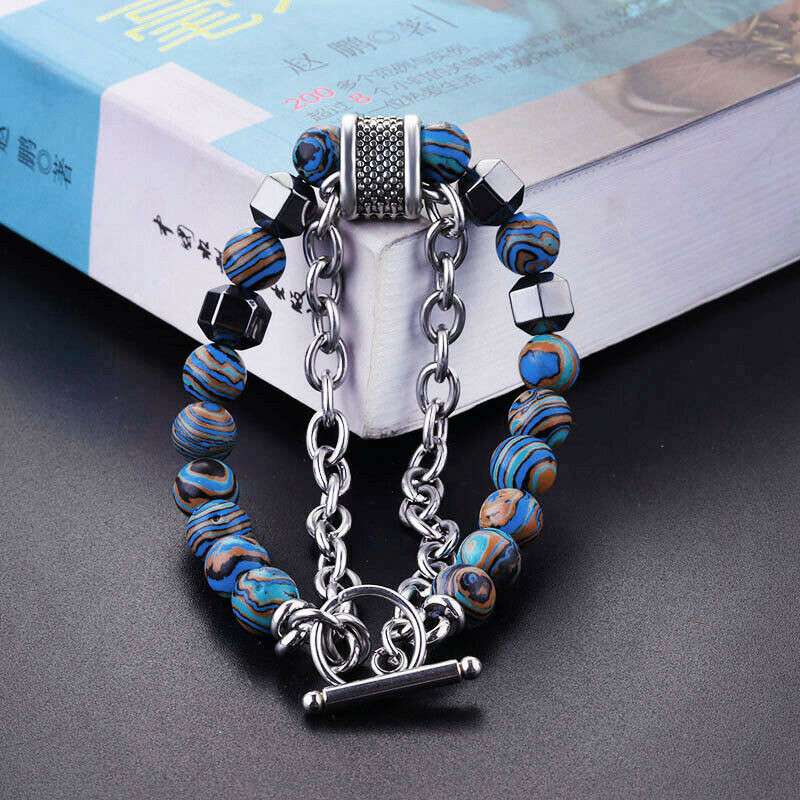 Stress Relief Tigers Eye Obsidians Mens Bracelets 8mm Beads With Chain Jewelry - 图片 10