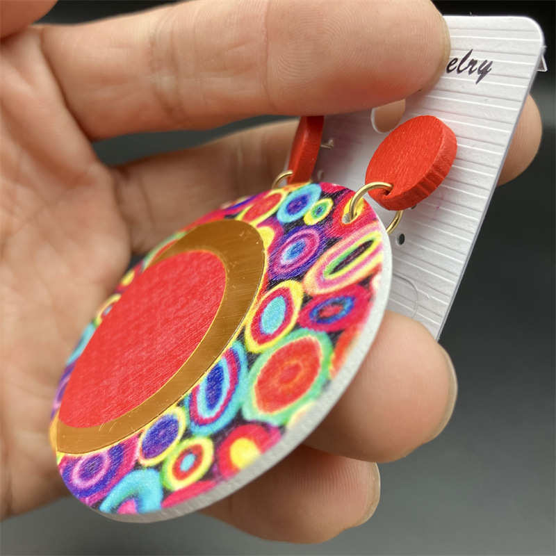 Wooden Printing round Color Large Earrings Ornament Earrings Bohemian Earrings - 图片 4