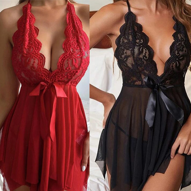 Sexy Lingerie Sexy Lace See-through Suspender Skirt Bow Seduction Nightdress - Image 12