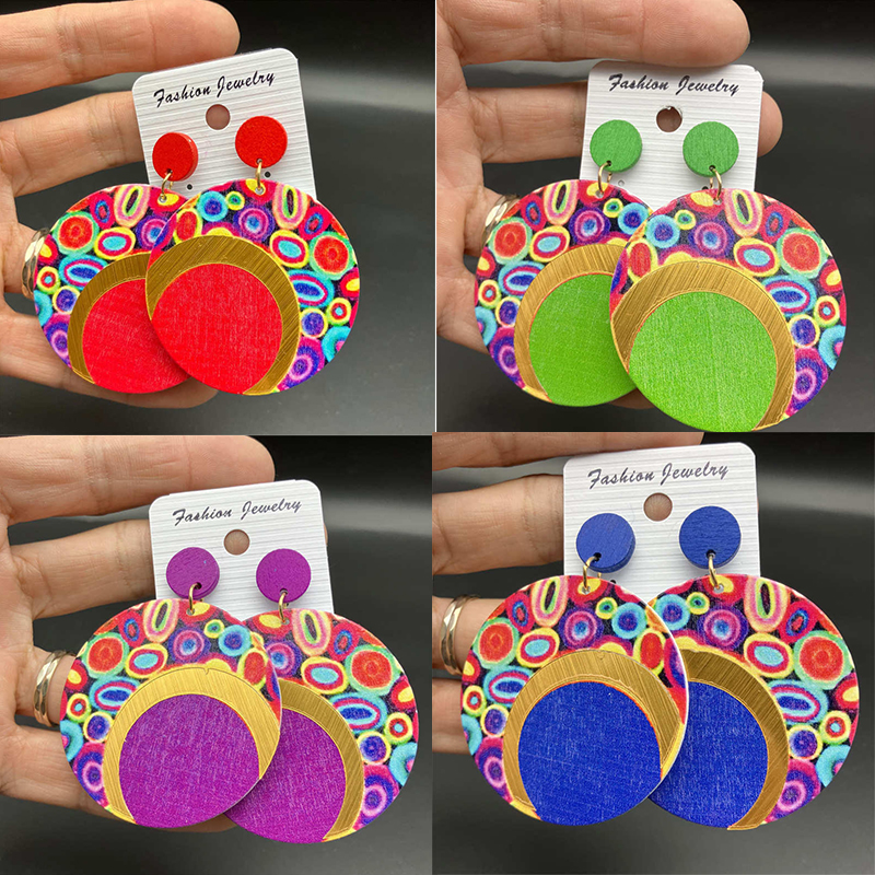 Wooden Printing round Color Large Earrings Ornament Earrings Bohemian Earrings - 图片 15